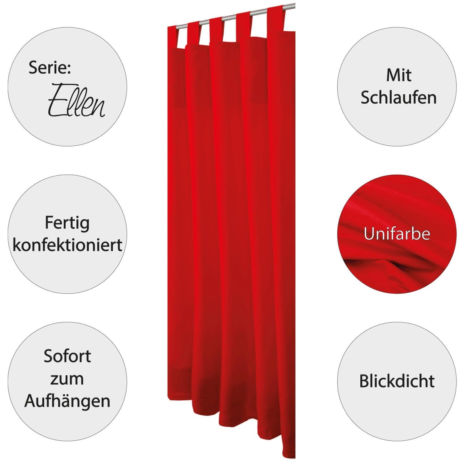 Blickdichter, roter Dekoschal Ellen im 2er-Pack mit Schlaufen für Fenstervorhänge.