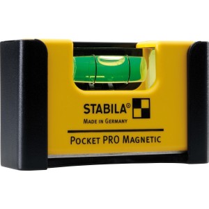 Gelbe Stabila Pocket Pro Magnetic Wasserwaage, 7 cm, mit Libelle und Gürtelclip.