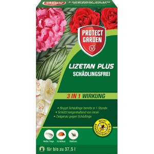 Protect Garden Lizetan Plus Schädlingsfrei, 100ml Flasche mit Blumenabbildung.