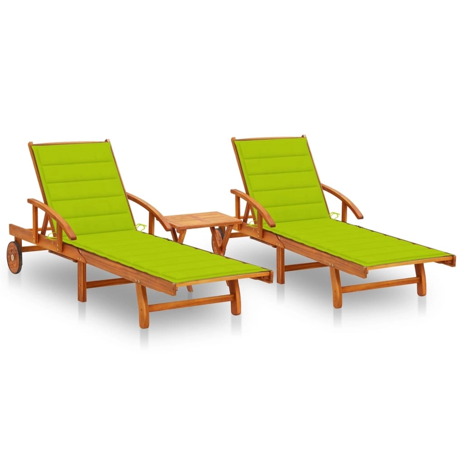 VidaXL Sonnenliegen 2 Stk. mit Tisch und Auflagen Massivholz Akazie Kissenfarbe  HellGrün