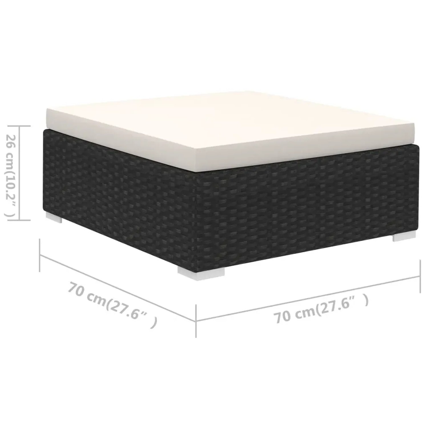 Schwarzer Poly Rattan Hocker mit creme-weißem Kissen, Teil des vidaXL Garten Lounge Sets.
