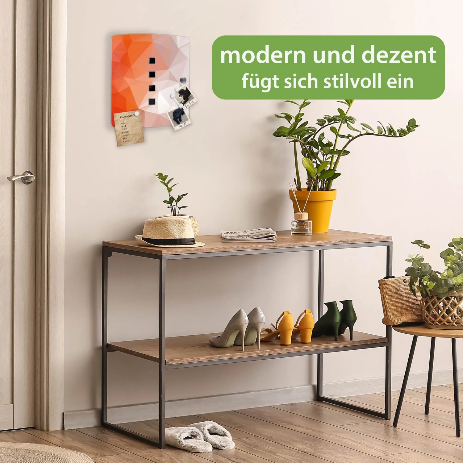 Banjado Design Schlüsselkasten Edelstahl, orange Polygon-Motiv, Magnetverschluss, an Wand in Garderobe.