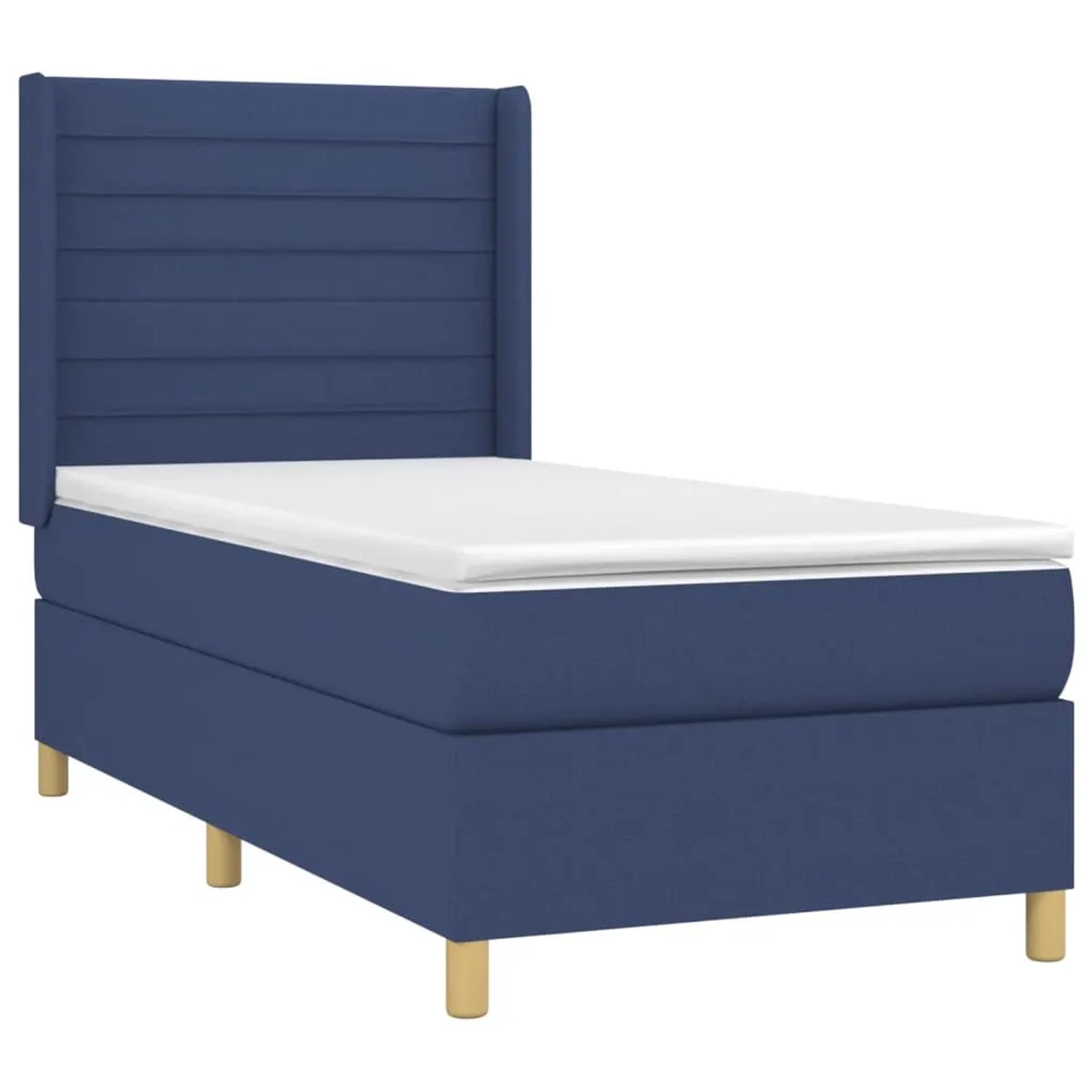 Blaues Boxspringbett 90x190 cm mit Matratze und Kopfteil aus Stoff.