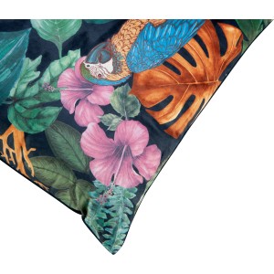 Gemustertes Kissen 45x45 cm mit tropischem Design: Papagei, Hibiskus und Monstera.