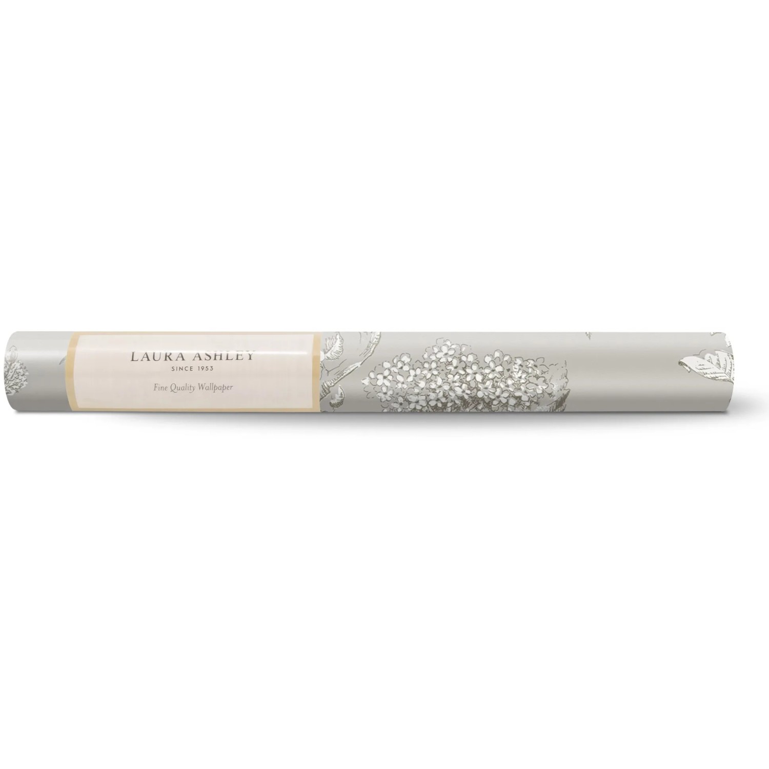 Laura Ashley Vliestapete Elderwood Steel, Rolle mit floralem Muster in Stahlgrau.