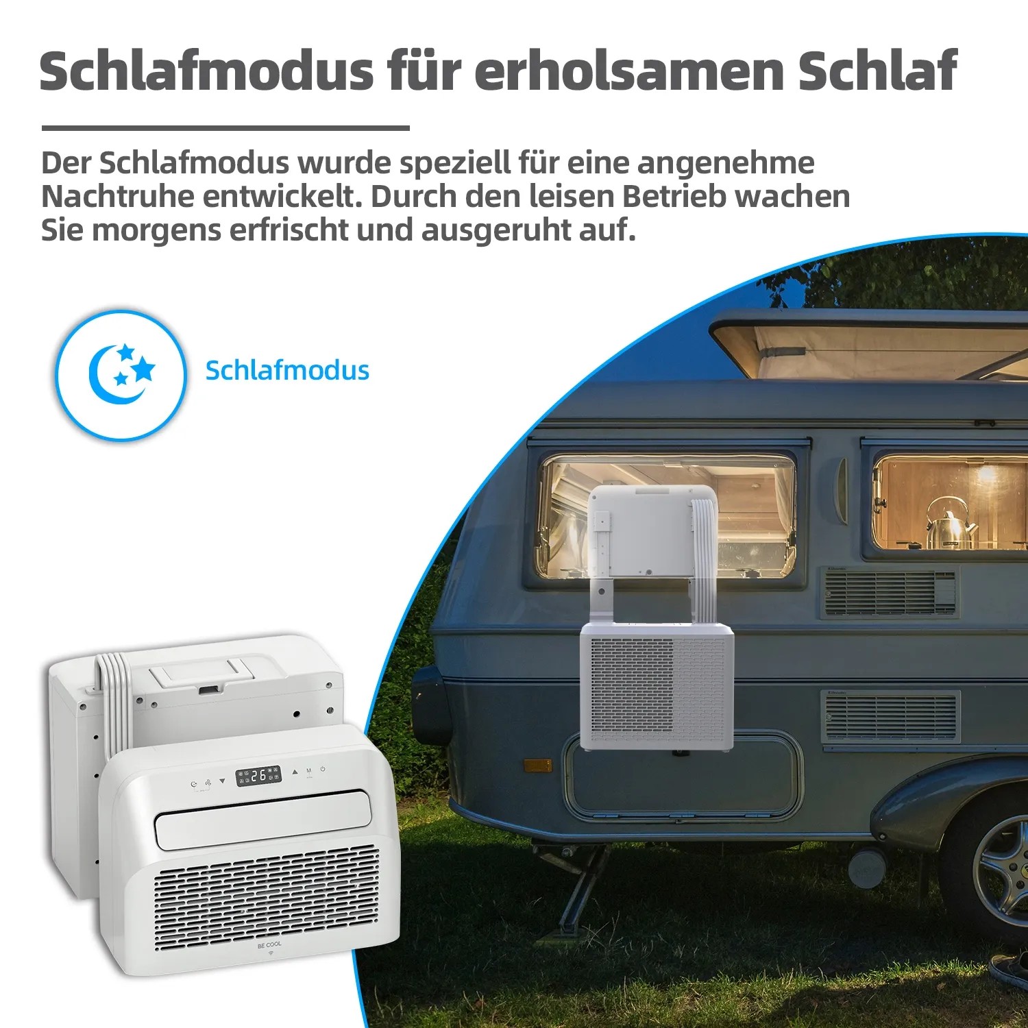 BE COOL 3in1 Caravan Split-Klimagerät am Wohnwagen, Schlafmodus