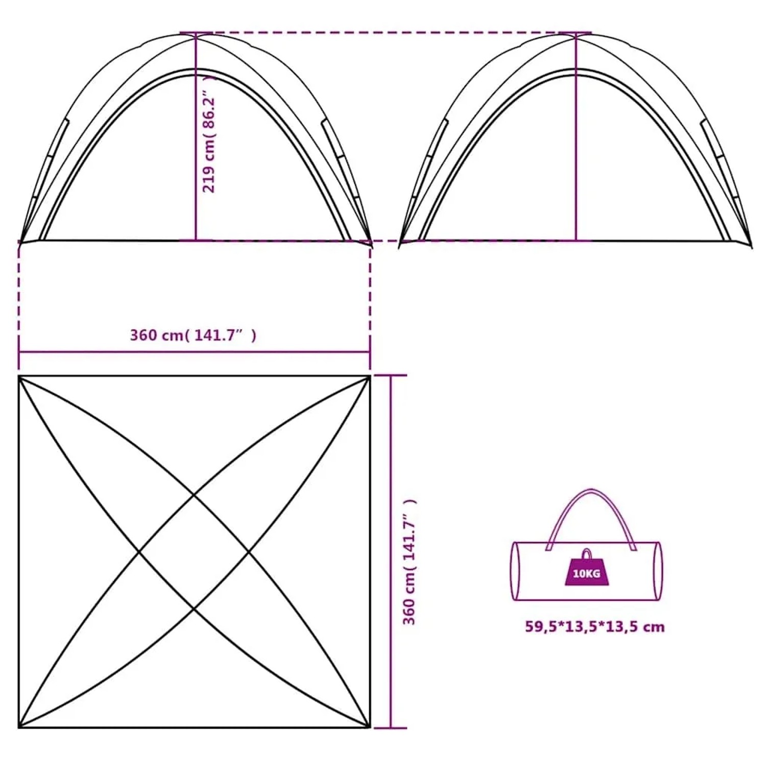 Technische Zeichnung vidaXL Partyzelt. Maße: 360x360x219 cm. Packmaß: 59,5x13,5x13,5 cm, 10 kg.