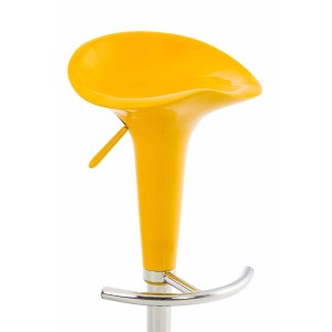 Gelber Barhocker Saddle aus Kunststoff mit Chromgestell. Höhenverstellbar, drehbar, mit Fußstütze.