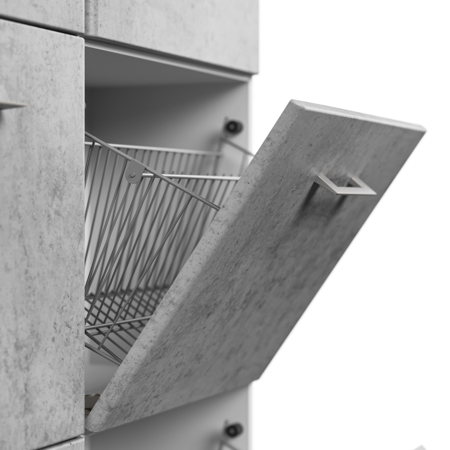 Posseik Schuhschrank Elite, weiß-Beton, mit offener Klappe und Schuhkorb aus Metall.