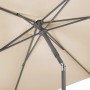 Detailaufnahme: Naturfarbener Schneider Marktschirm mit grauer Mechanik und Streben.