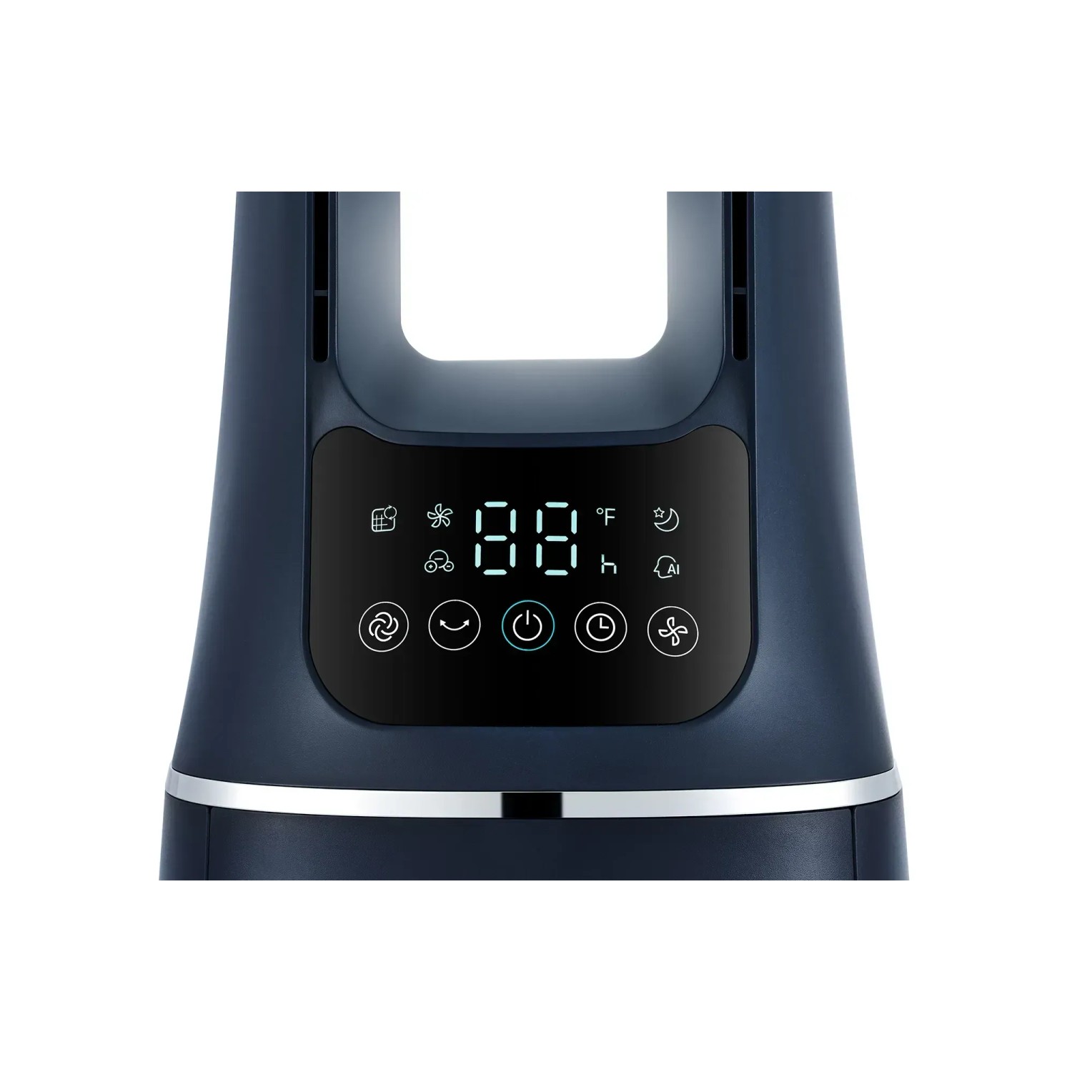Detailaufnahme: Midea Turmventilator mit LED-Anzeige und Touch-Bedienfeld in Dunkelblau.
