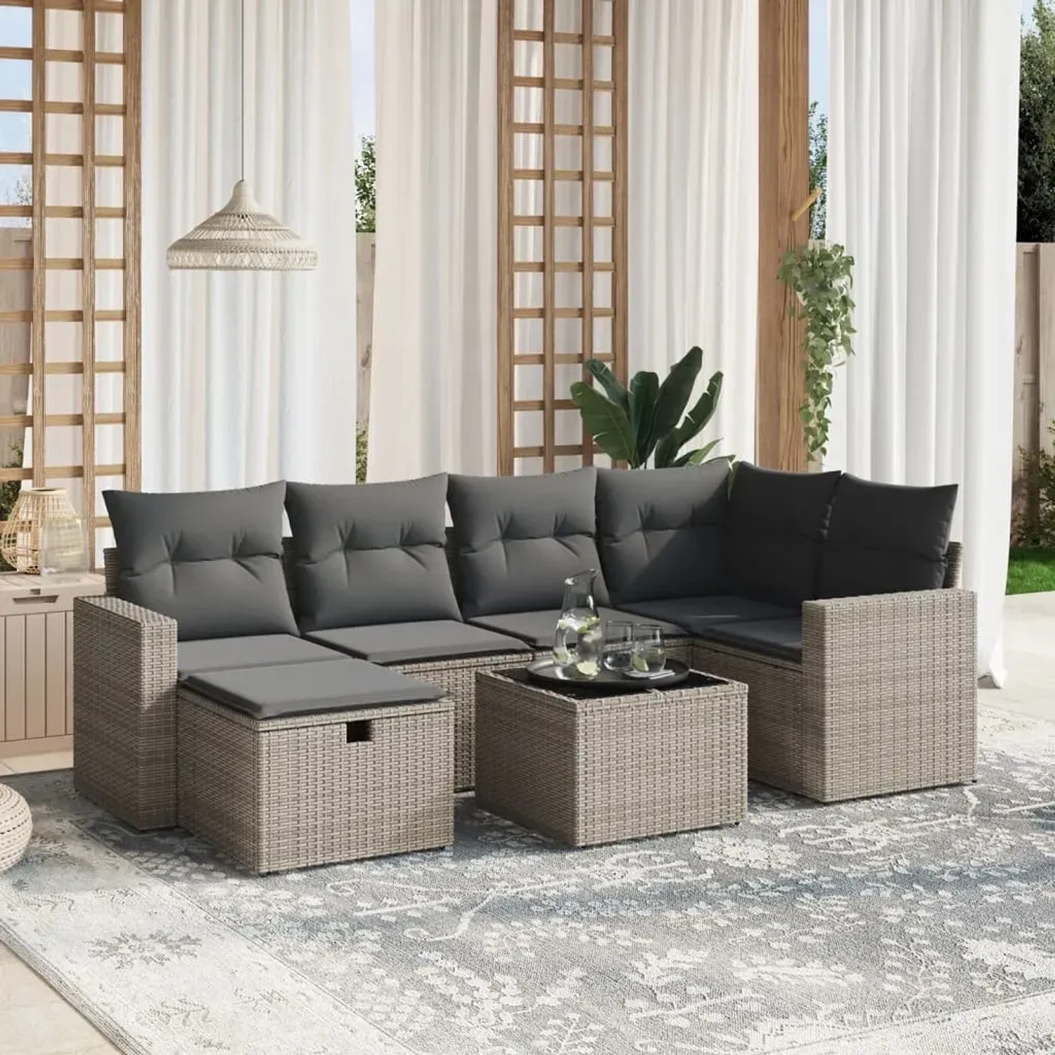 Graue 7-tlg. vidaXL Garten-Sofagarnitur aus Polyrattan mit Kissen für Terrasse und Garten.