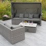 Gartenmöbel Lounge-Gruppe San Marco aus grauem Kunststoffgeflecht mit Dach und Tisch.
