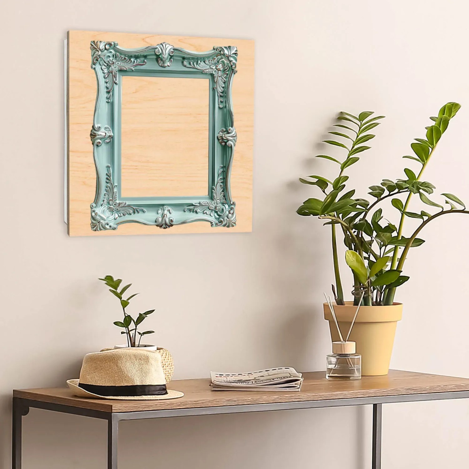 Banjado Schlüsselkasten 30x30cm mit türkisfarbenem Barockrahmen auf Holzfront.