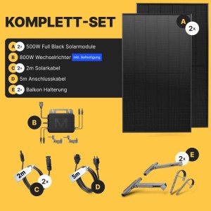 Solakon Balkonkraftwerk Komplettset: 2 schwarze Solarmodule, 800W Wechselrichter, Kabel & Balkonhalterung.