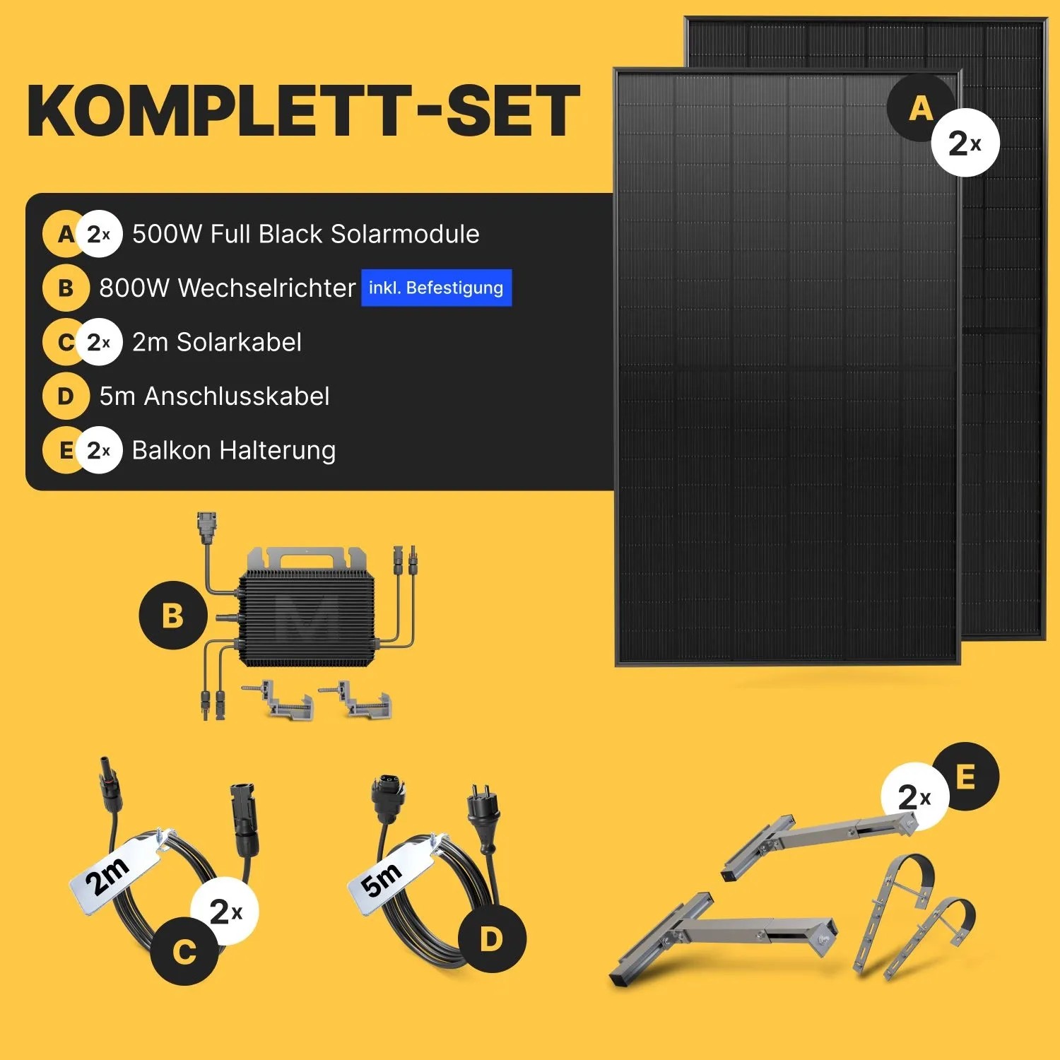 Solakon Balkonkraftwerk Komplettset: 2 schwarze Solarmodule, 800W Wechselrichter, Kabel & Balkonhalterung.