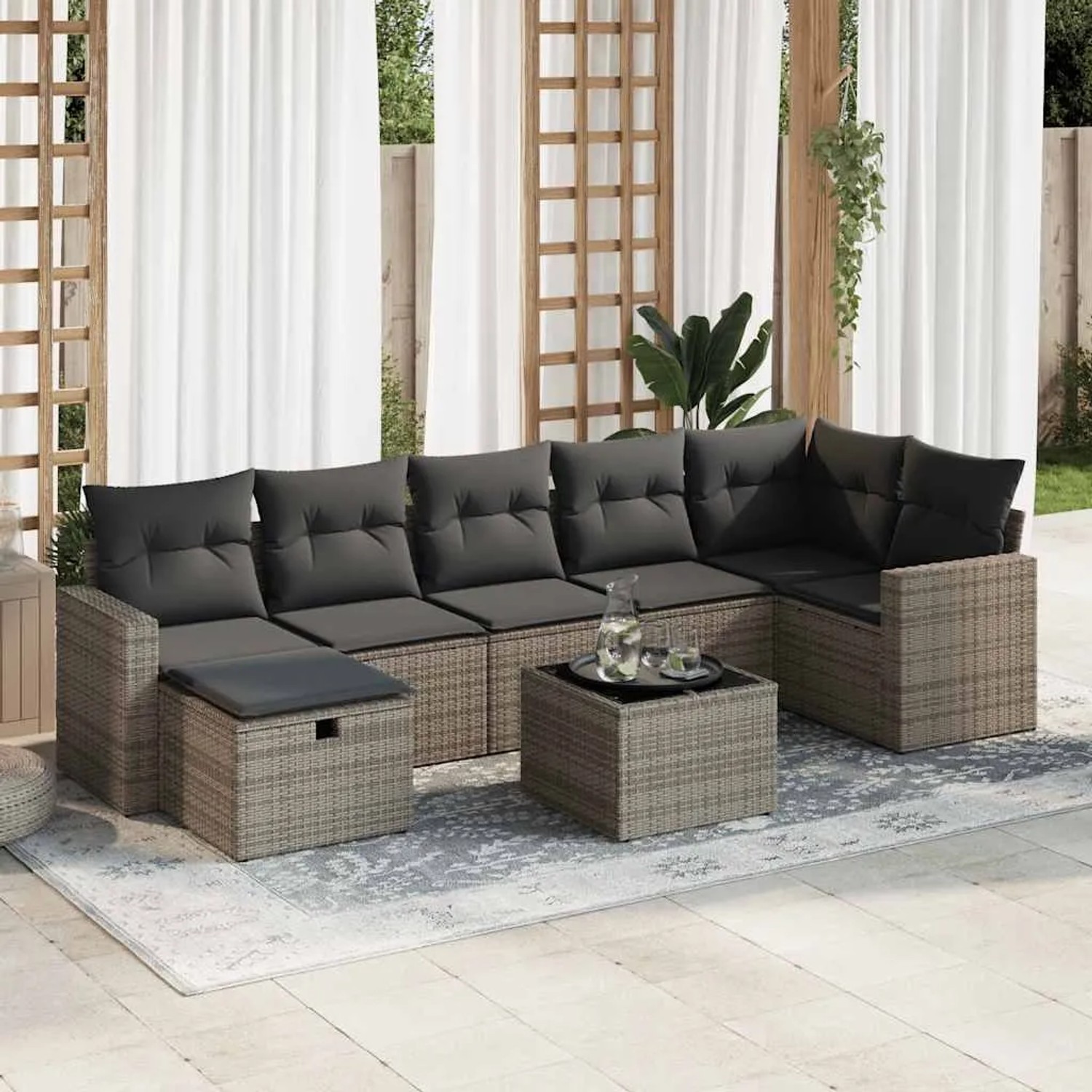 Graue 8-tlg. vidaXL Garten-Sofagarnitur aus Polyrattan mit dunklen Kissen und Tisch.