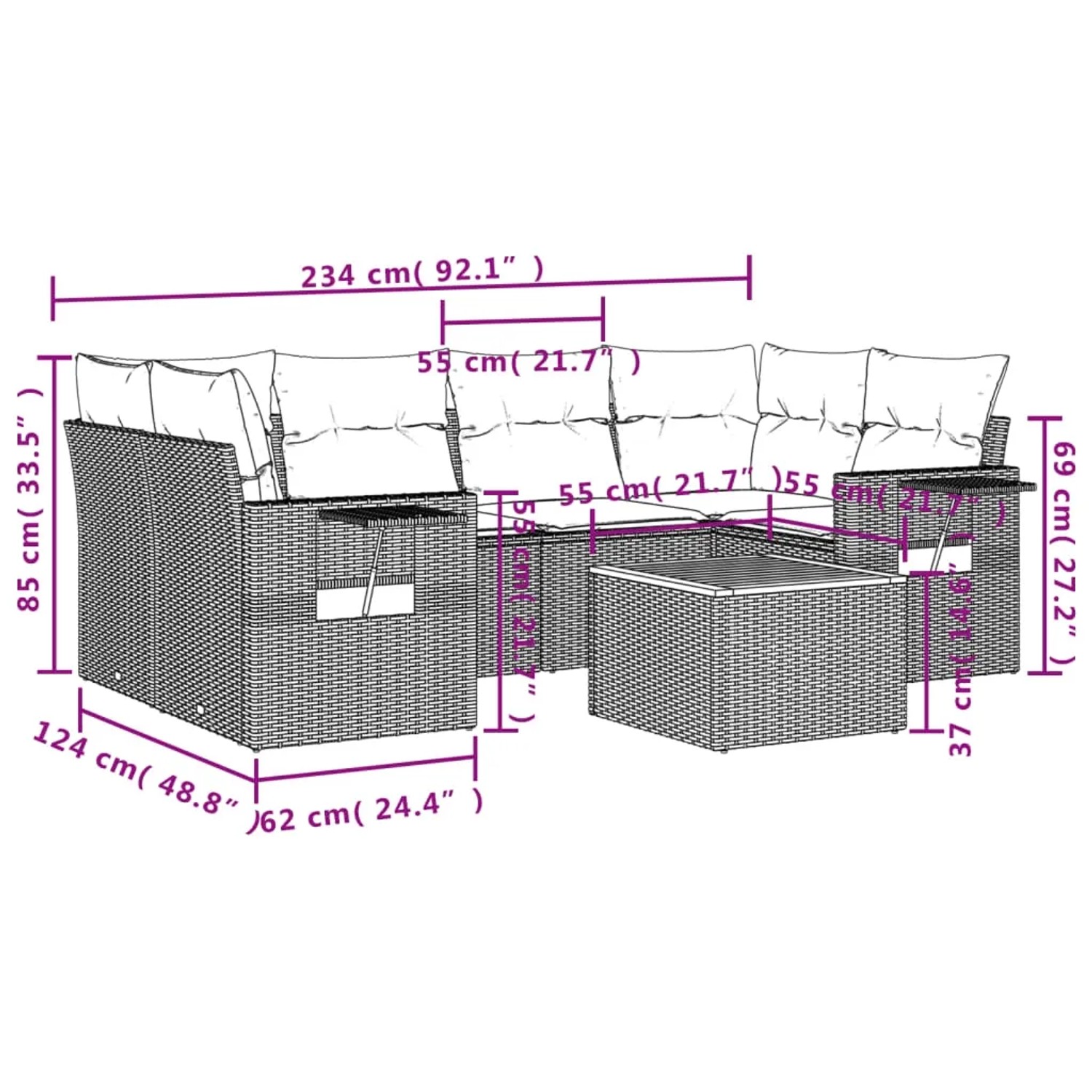 vidaXL 7-tlg. Garten-Sofagarnitur Grau Poly Rattan mit Kissen und Tisch. Gartenmöbel für Terrasse und Garten.