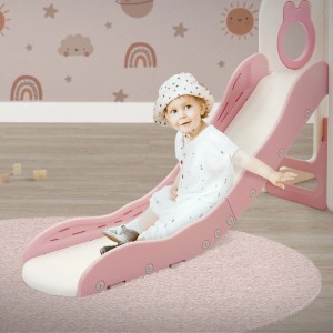 Kinderrutsche Joyz 3in1 in Rosa mit Spielturm und Kind auf der Rutsche.