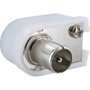 Weißer Schwaiger IEC Winkelstecker für Antennenanschluss, 90° Winkel.