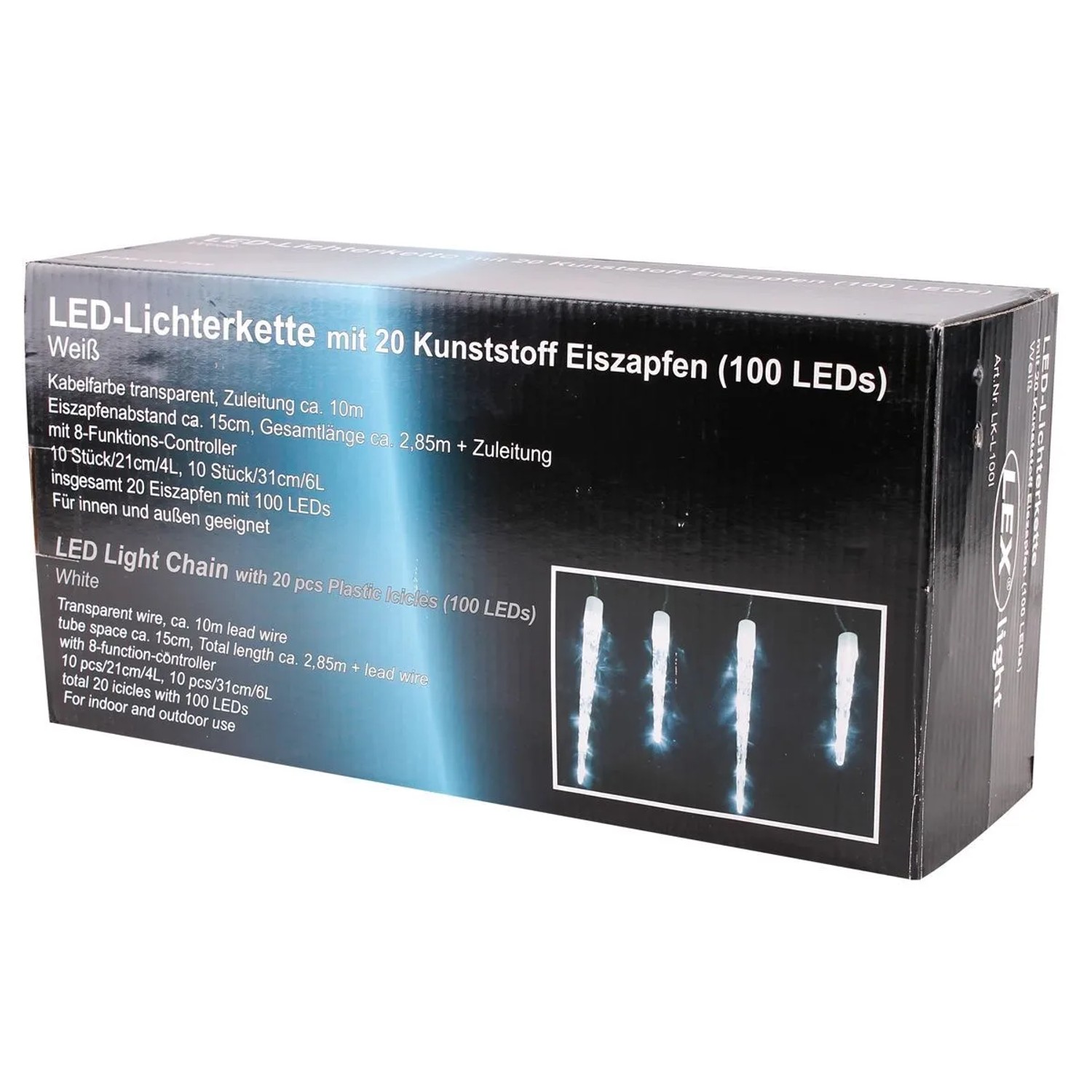 Lex LED Lichterkette 20 Eiszapfen 100 LEDs Außen & Innen 8 Lichteffekte Weiß