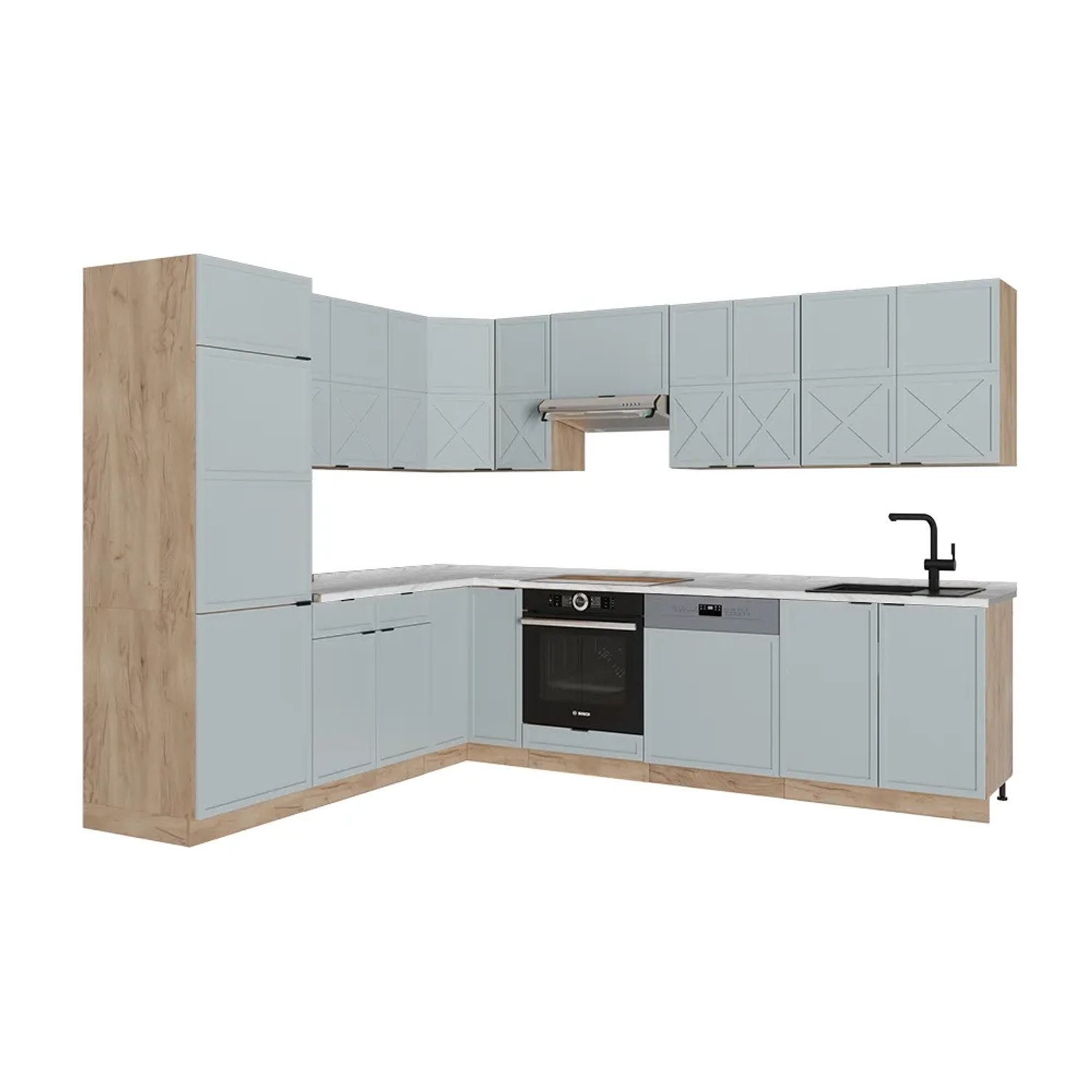 Vicco Fame-Line Eckküche Hellblau-grau/Goldkraft Eiche 227 x 287 cm AP Marmor ohne E-Geräte