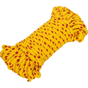 Gelbes Polypropylen Seil Ø 8mm mit rotem Kennfaden, aufgerollt.