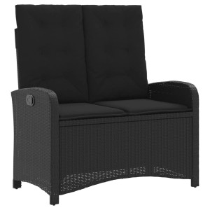 Verstellbare, schwarze Gartenbank aus Poly Rattan mit Kissen (105x59x93cm).