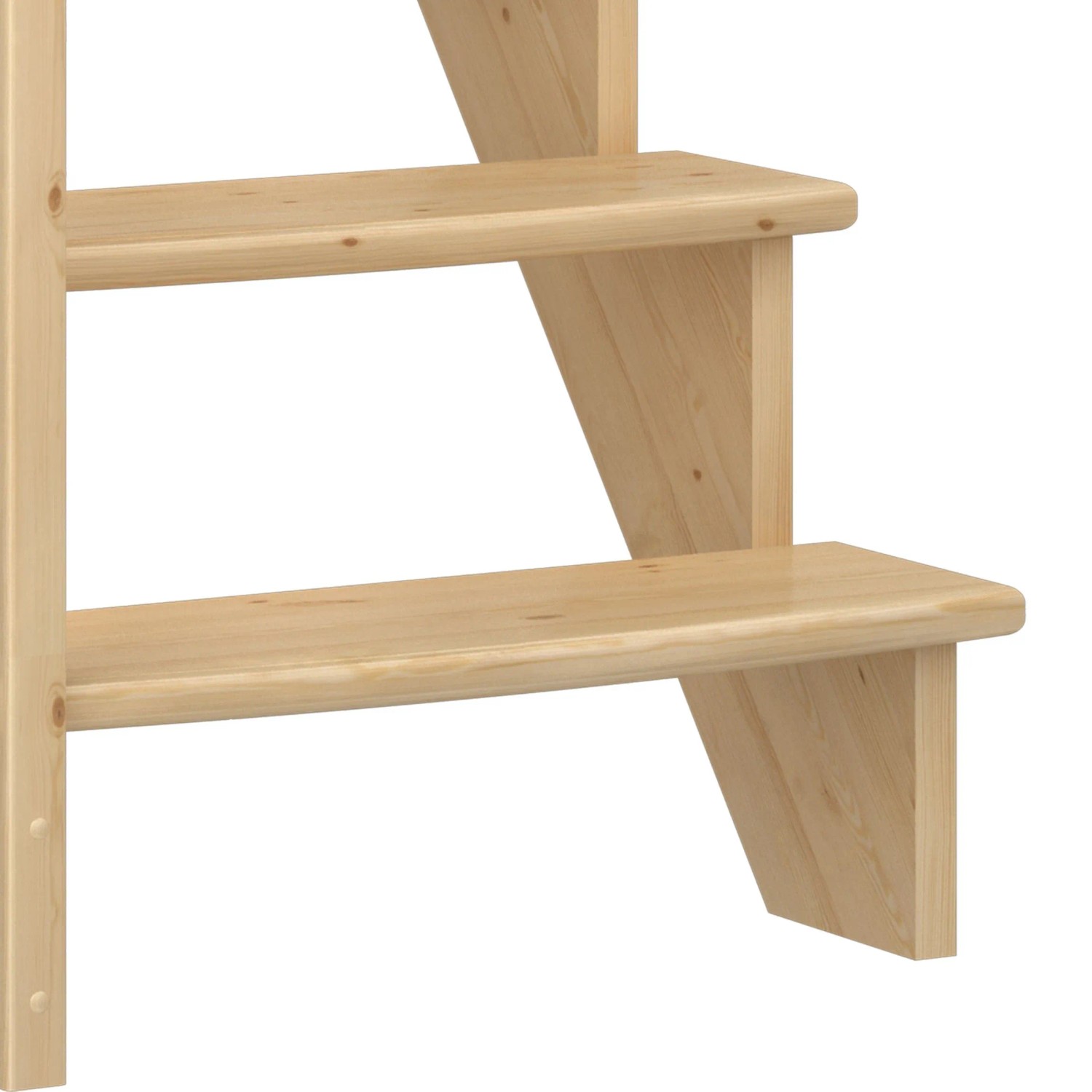 Detailansicht: Dolle Raumspartreppe Lyon aus Kiefernholz, gerade Treppe mit Holzgeländer.
