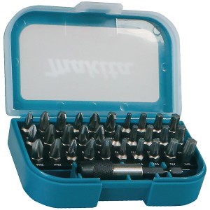 Makita Bit-Set, 31-teilig, in blau-transparenter Box mit verschiedenen Schrauber-Bits.