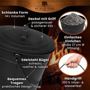 BLACK OAK Ascheeimer ETNA mit Deckel, Schaufel und Handfeger für Kamin & Grill.