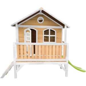 Axi Stef Spielhaus aus Holz in Braun-Weiß mit lindgrüner Rutsche, Leiter und Veranda.