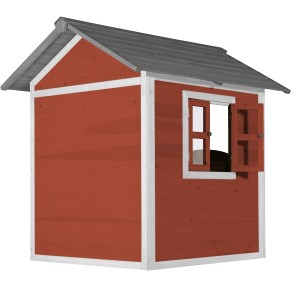 Axi Lodge Spielhaus in skandinavischem Rot mit Fenster zum Öffnen, einladend zum Spielen im Garten.