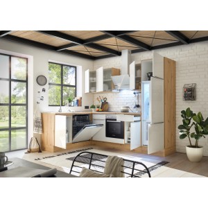 Respekta Winkelküche Marleen 280 cm in Artisan-Eiche und Weiß Hochglanz mit E-Geräten.