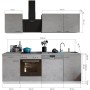 Respekta Küchenblock Malia 220 cm in Betonoptik mit E-Geräten und Maßen.