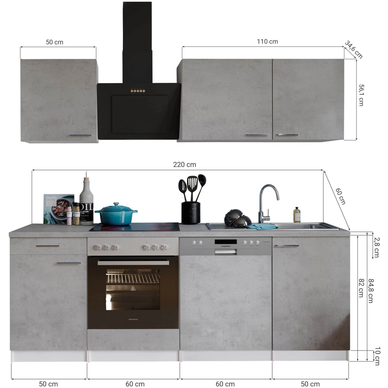 Respekta Küchenblock Malia 220 cm in Betonoptik mit E-Geräten und Maßen.
