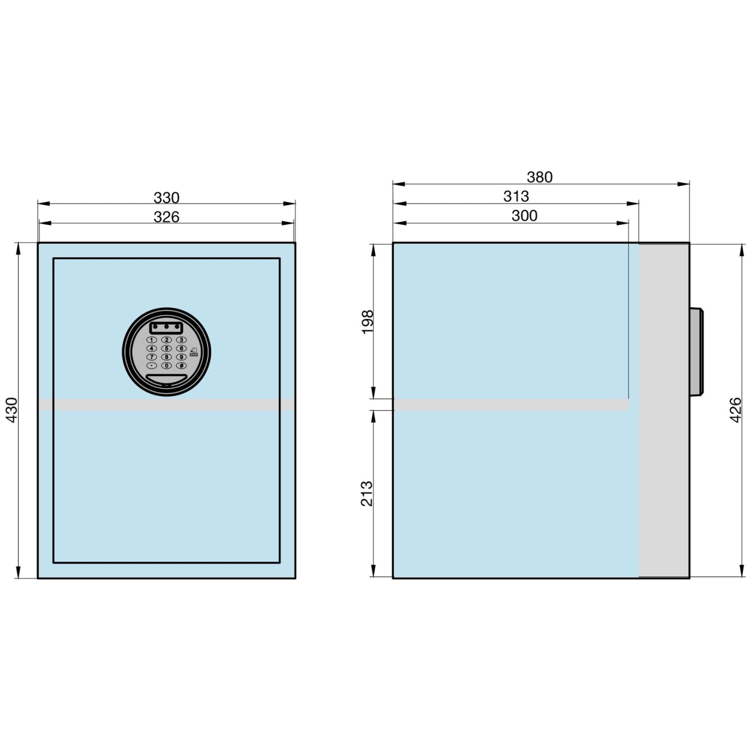 Abbildung eines Basi Elektronik-Möbel-Tresors EMT 380 mit Code, Abmessungen H430xB330xT380, Tresor für Dokumente.