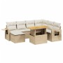 Beige 8-tlg. Poly Rattan Garten-Sofagarnitur mit Tisch und Kissen.