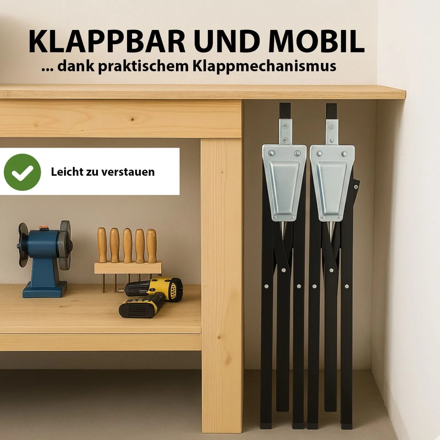 Zwei TRUTZHOLM Arbeitsböcke, 7-fach höhenverstellbar, zusammengeklappt und platzsparend verstaut.