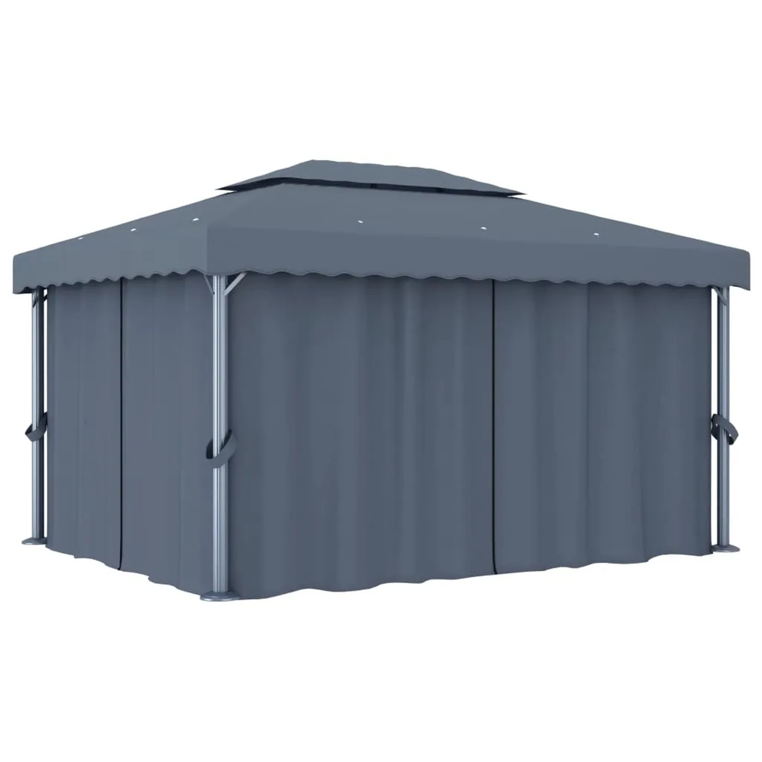 Anthrazitfarbener vidaXL Pavillon 4x3m mit Vorhängen und LED-Lichterkette für Garten & Terrasse.