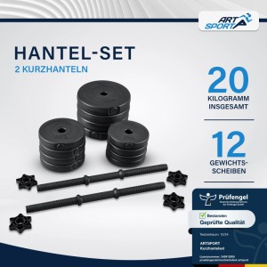 ArtSport Kurzhantelset 20 kg mit Hantelstangen, Gewichtsscheiben und Sternverschlüssen.