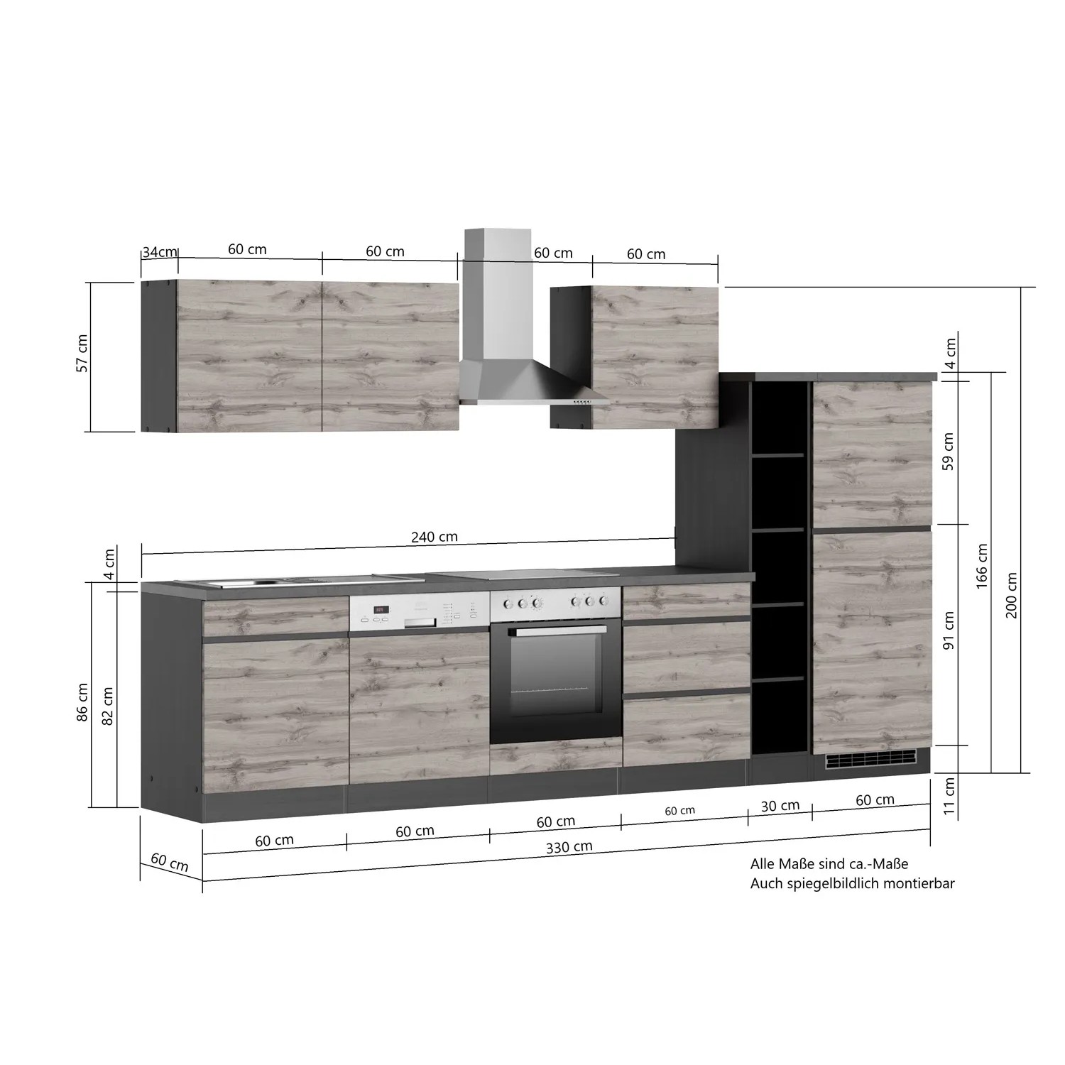 Held Möbel Küchenzeile Turin 330 cm, Graphit-Wotaneiche Optik mit E-Geräten.