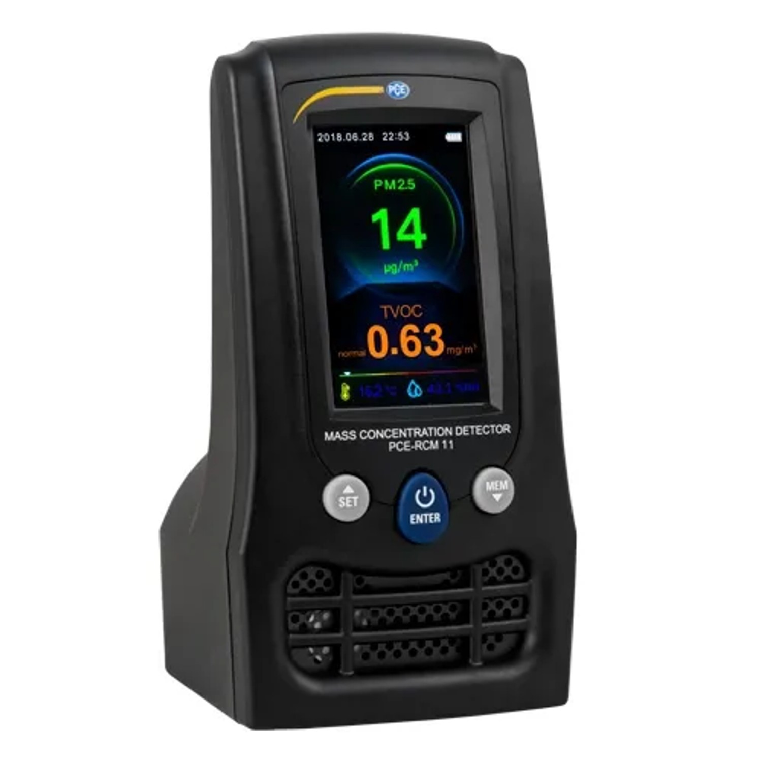 PCE Instruments Feinstaubmessgerät RCM 11 zur Luftqualitätsprüfung mit Displayanzeige.
