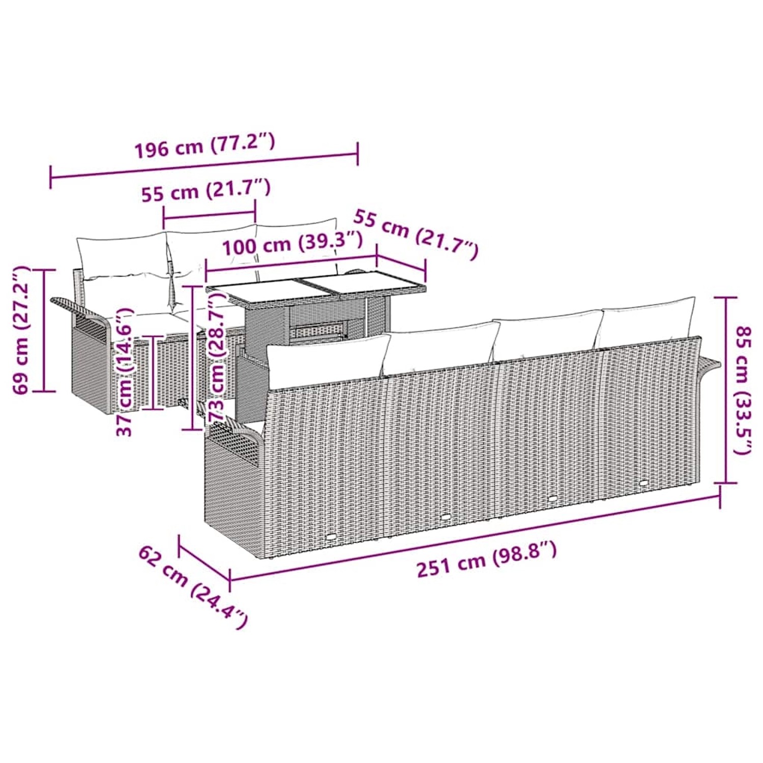 vidaXL Garten-Sofa-Set, 8-teilig, grau, Poly Rattan, mit Maßangaben.