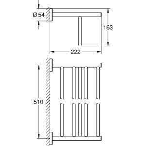 Technische Zeichnung: Grohe Multi-Badetuchhalter Bau Cosmopolitan, Chrom, mit Maßangaben.