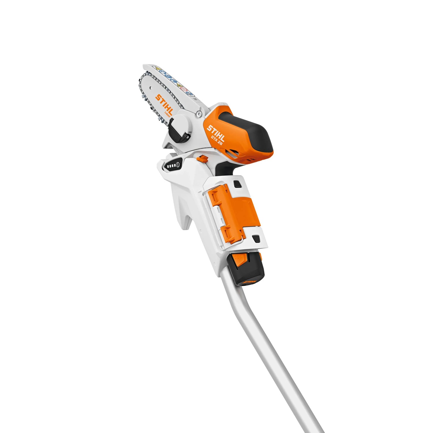 Stihl GTA 26 Akku-Gehölzschneider Verlängerung in Orange und Silber.