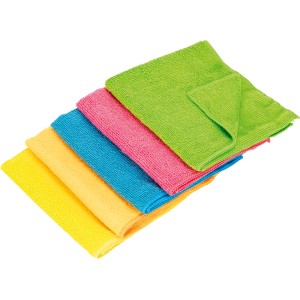 5 farbige Mikrofaser Universaltücher (gelb, orange, blau, pink, grün) für Haushalt, Küche und Bad.