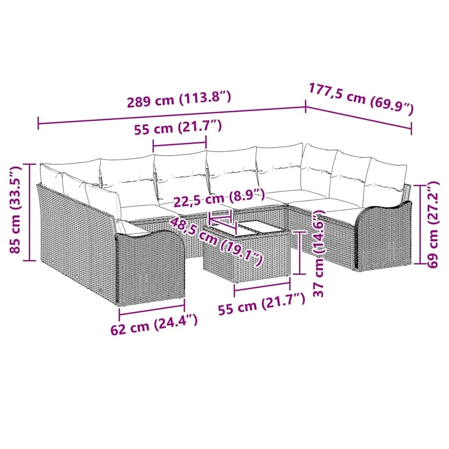 Braunes 9-teiliges Garten-Sofa-Set aus Poly Rattan mit Kissen und Tisch, Maße eingezeichnet.