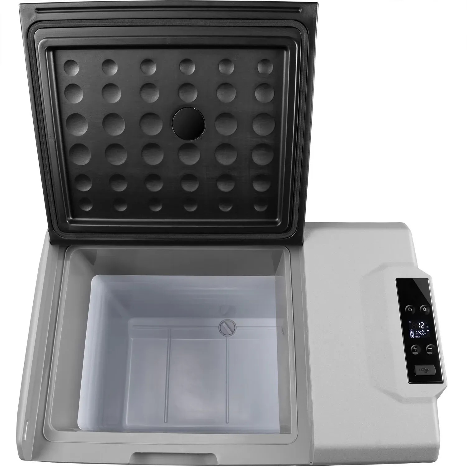 Geöffnete graue Juskys Kühlbox Yukon, 50 Liter, mit Kompressor und digitalem Display.