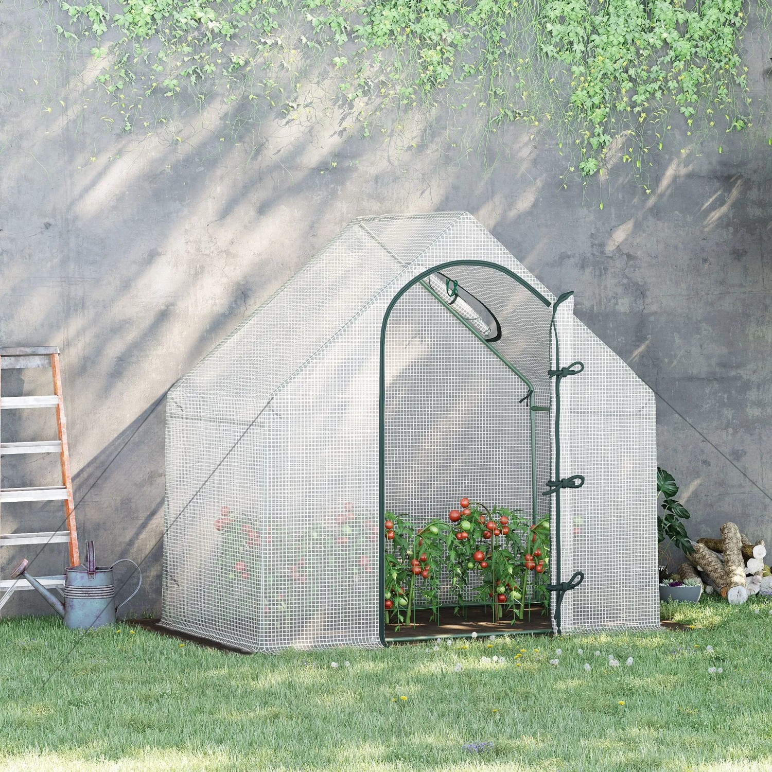 Weißes Outsunny Gewächshaus mit offener Rolltür, Tomatenpflanzen innen, auf Rasen im Garten.
